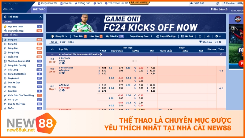 Thể Thao là chuyên mục được yêu thích nhất tại nhà cái NEW88
