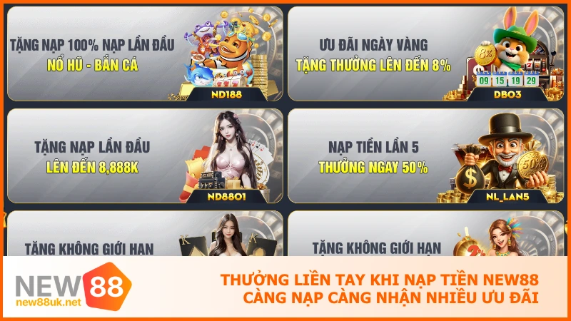Thưởng liền tay khi nạp tiền NEW88 càng nạp càng nhận nhiều ưu đãi
